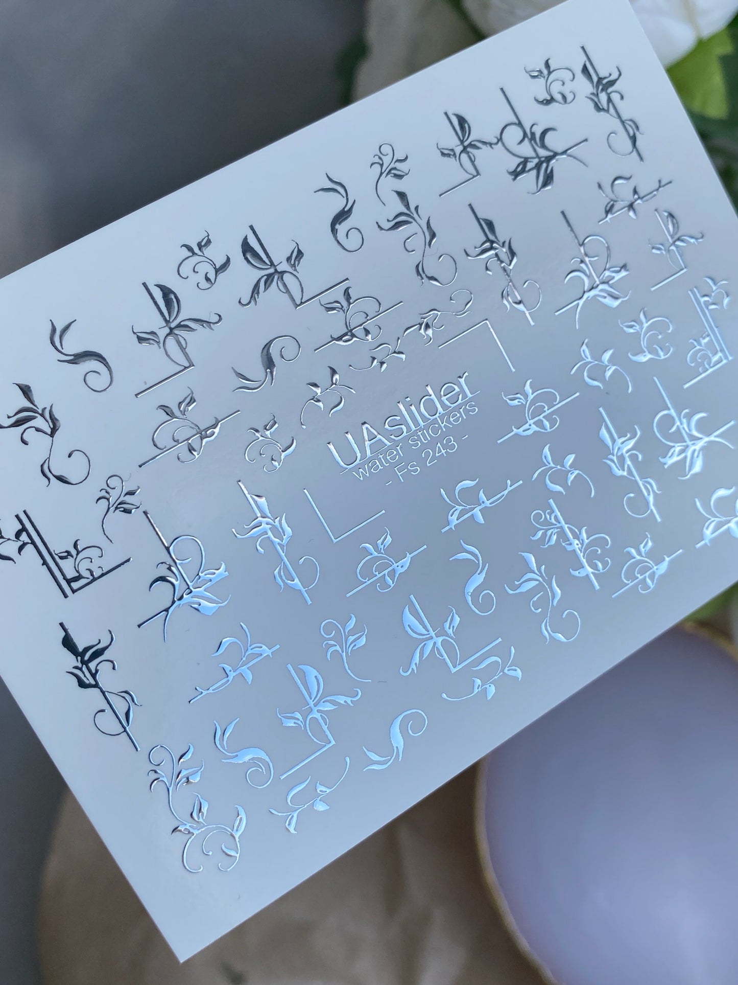 Nail Water Decal Fs-243 | Elegant Water Slide Nail Decals | Silver Foil Floral Ornaments