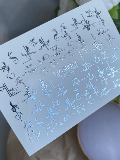 Nail Water Decal Fs-243 | Elegant Water Slide Nail Decals | Silver Foil Floral Ornaments