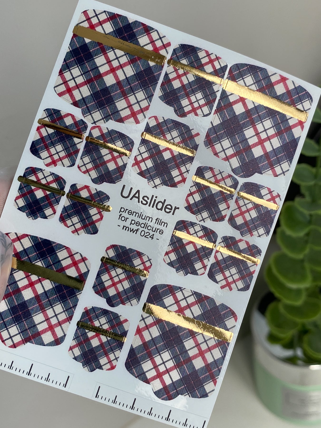 Pedicure nail wrap films mwf-024 | Nail Wrap Films for Pedicure | Tartan Plaid with Gold Foil Stripes