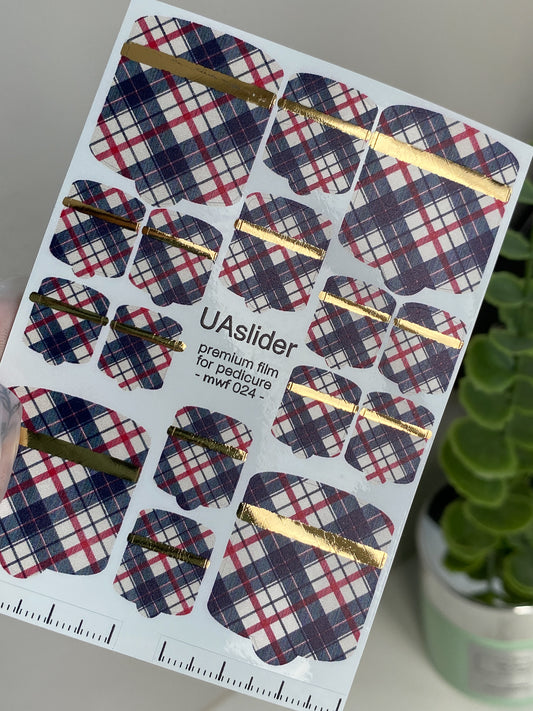 Pedicure nail wrap films mwf-024 | Nail Wrap Films for Pedicure | Tartan Plaid with Gold Foil Stripes