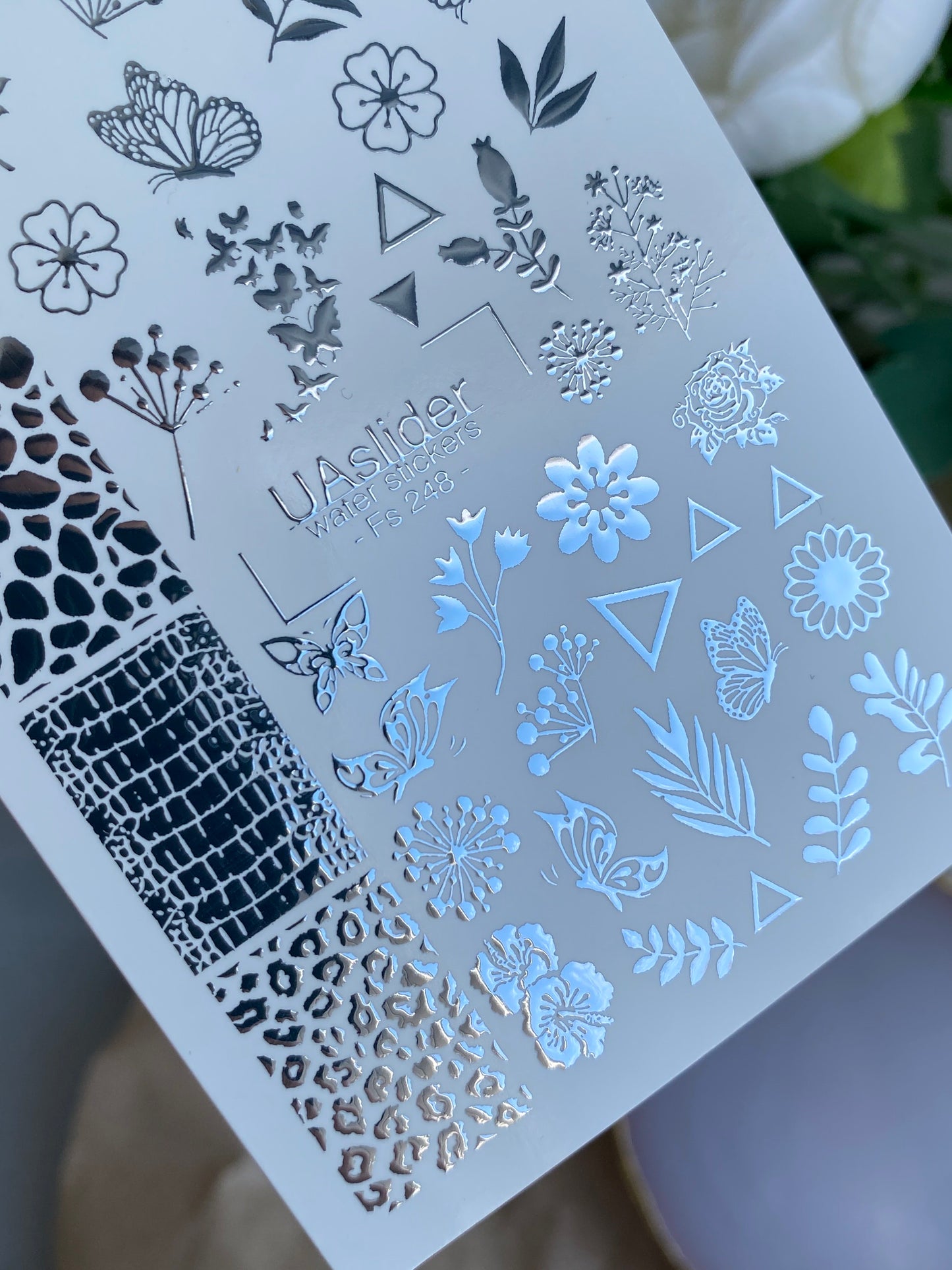 Nagel-Wasserabziehbild Fs-248 | Gemischte Wasser-Schiebefolien-Nagelabziehbilder | Silberfolie Blumen, Schmetterlinge & Tiermuster