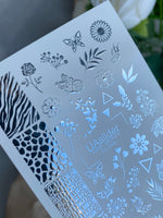Nail Water Decal Fs-248 | Mixed Water Slide Nail Decals | Silver Foil Flowers, Butterflies & Animal Prints - UASLIDER