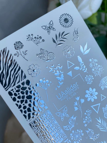 Nagel-Wasserabziehbild Fs-248 | Gemischte Wasser-Schiebefolien-Nagelabziehbilder | Silberfolie Blumen, Schmetterlinge & Tiermuster