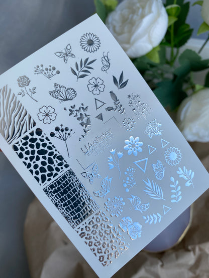 Nagel-Wasserabziehbild Fs-248 | Gemischte Wasser-Schiebefolien-Nagelabziehbilder | Silberfolie Blumen, Schmetterlinge & Tiermuster