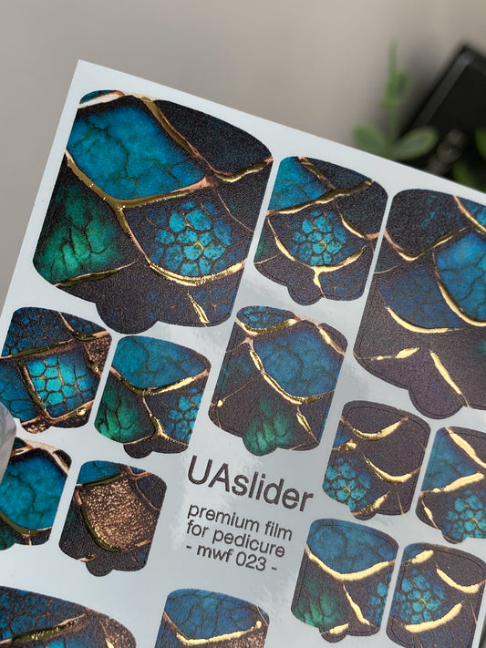 Pedicure nail wrap films mwf-023 | Nail Wrap Films for Pedicure | Emerald Scales with Gold Foil Details