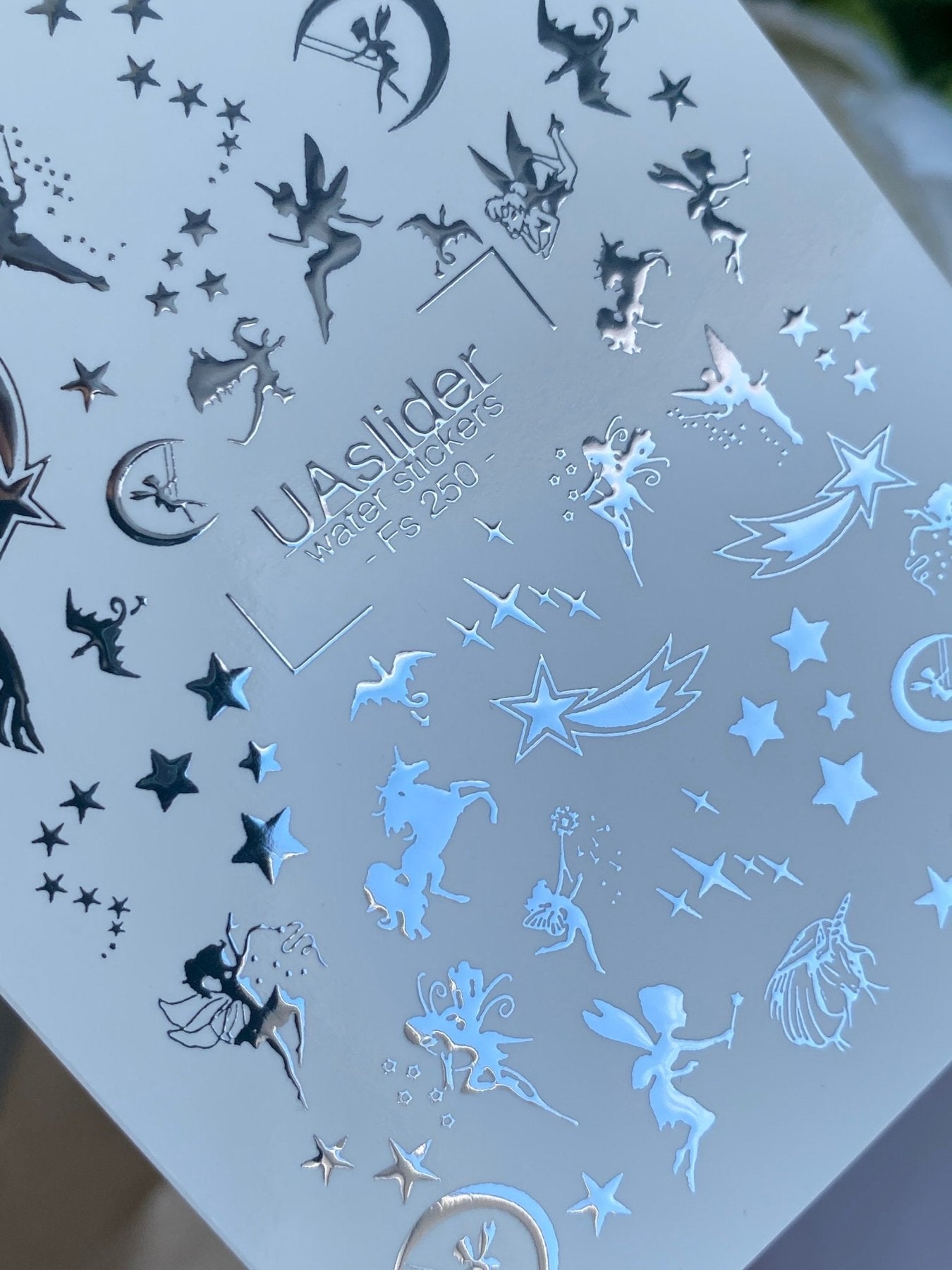 Nail Water Decal Fs-250 | Fantasy Water Slide Nail Decals | Silver Foil Fairies, Unicorns & Stars - UASLIDER