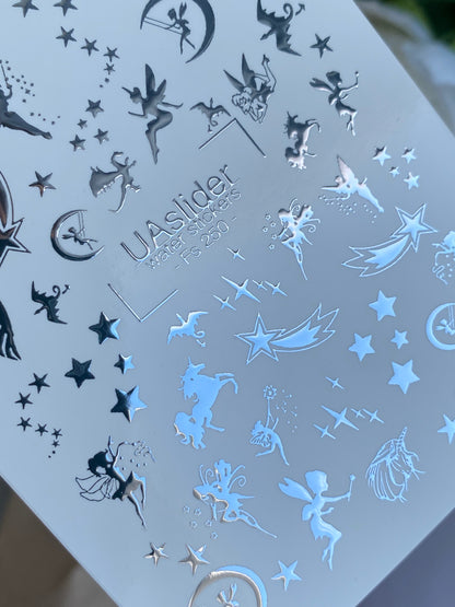 Nail Water Decal Fs-250 | Fantasy Water Slide Nail Decals | Silver Foil Fairies, Unicorns & Stars