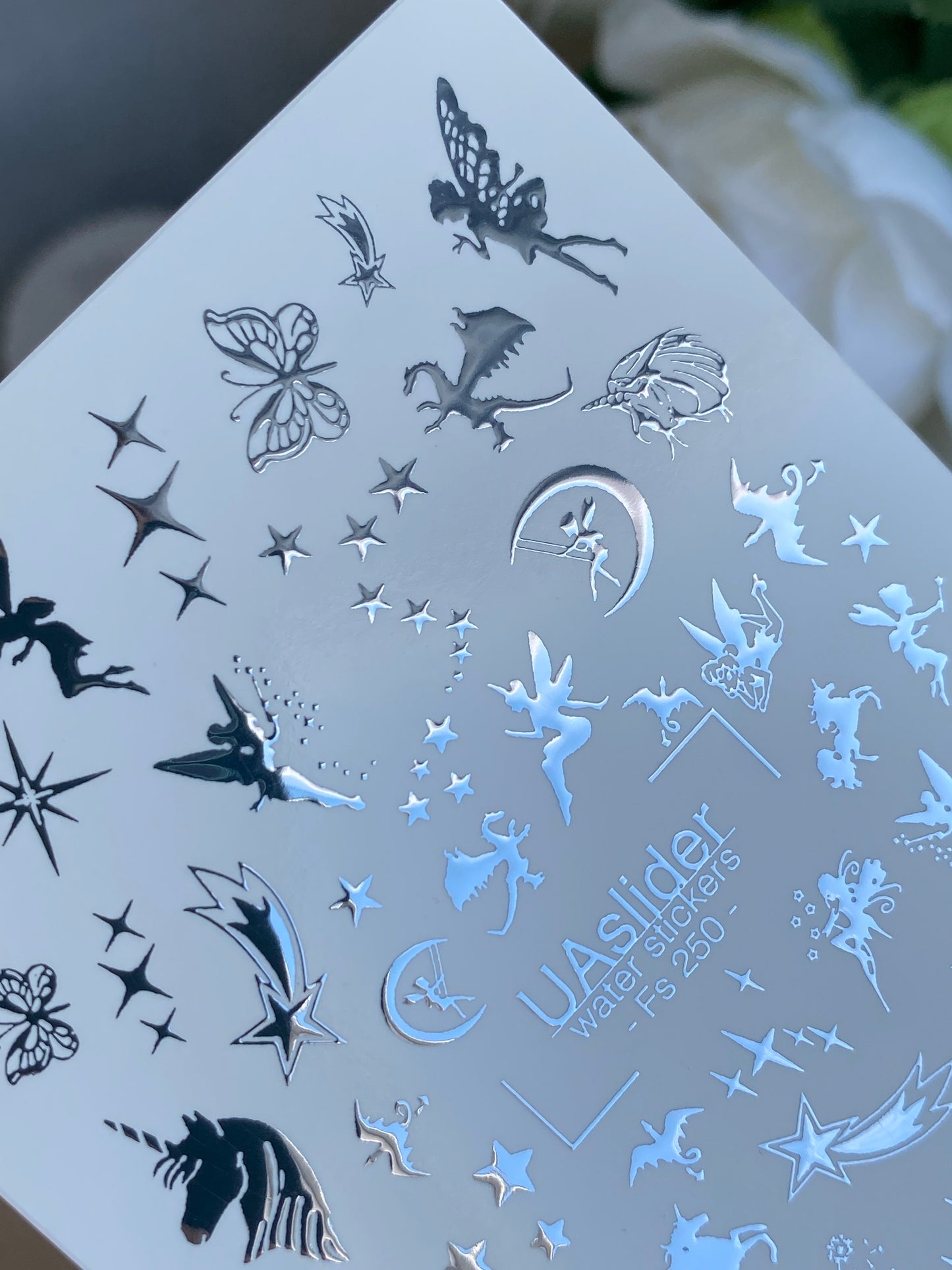Nail Water Decal Fs-250 | Fantasy Water Slide Nail Decals | Silver Foil Fairies, Unicorns & Stars