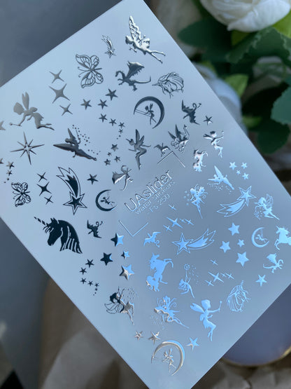 Nail Water Decal Fs-250 | Fantasy Water Slide Nail Decals | Silver Foil Fairies, Unicorns & Stars