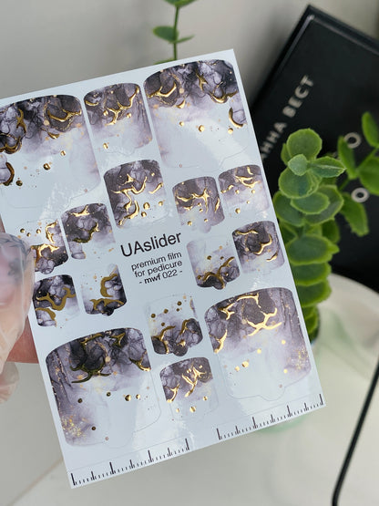 Pedicure nail wrap films mwf-022 | Nail Wrap Films for Pedicure | Smoky Marble with Gold Foil Veins