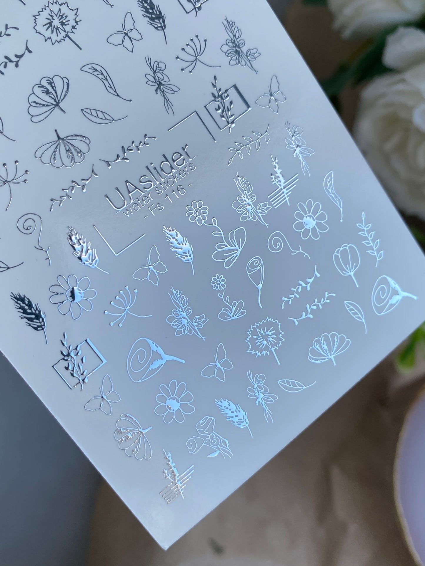 Köröm víz matrica Fs-116 | Virágos vízcsúsztatós köröm matricák | Botanikai vonalrajz