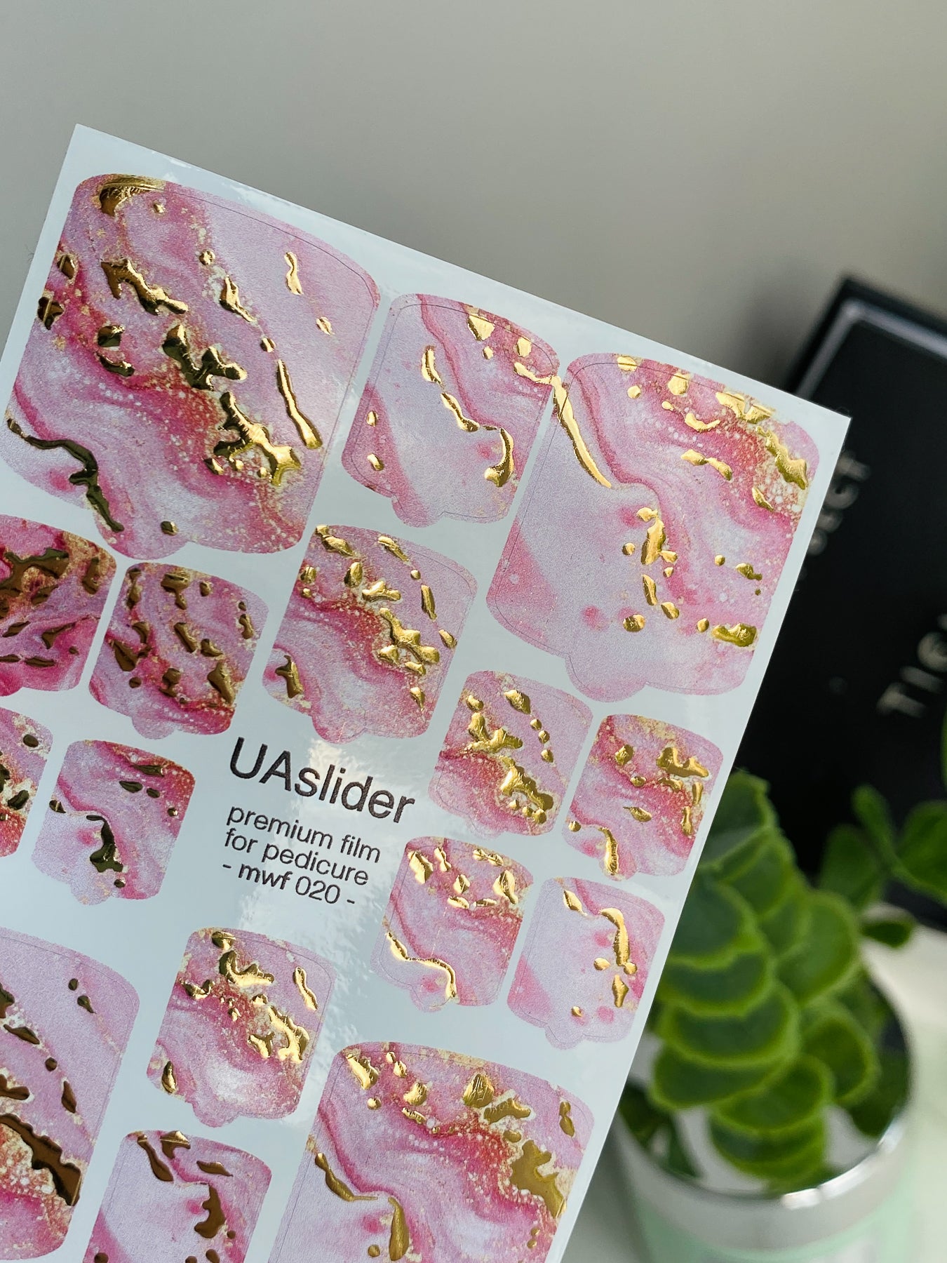 Pedicure nail wrap films mwf-020 | Nail Wrap Films for Pedicure | Light Pink Marble with Gold Foil