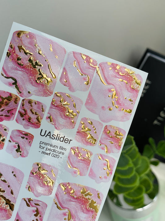 Pedicure nail wrap films mwf-020 | Nail Wrap Films for Pedicure | Light Pink Marble with Gold Foil