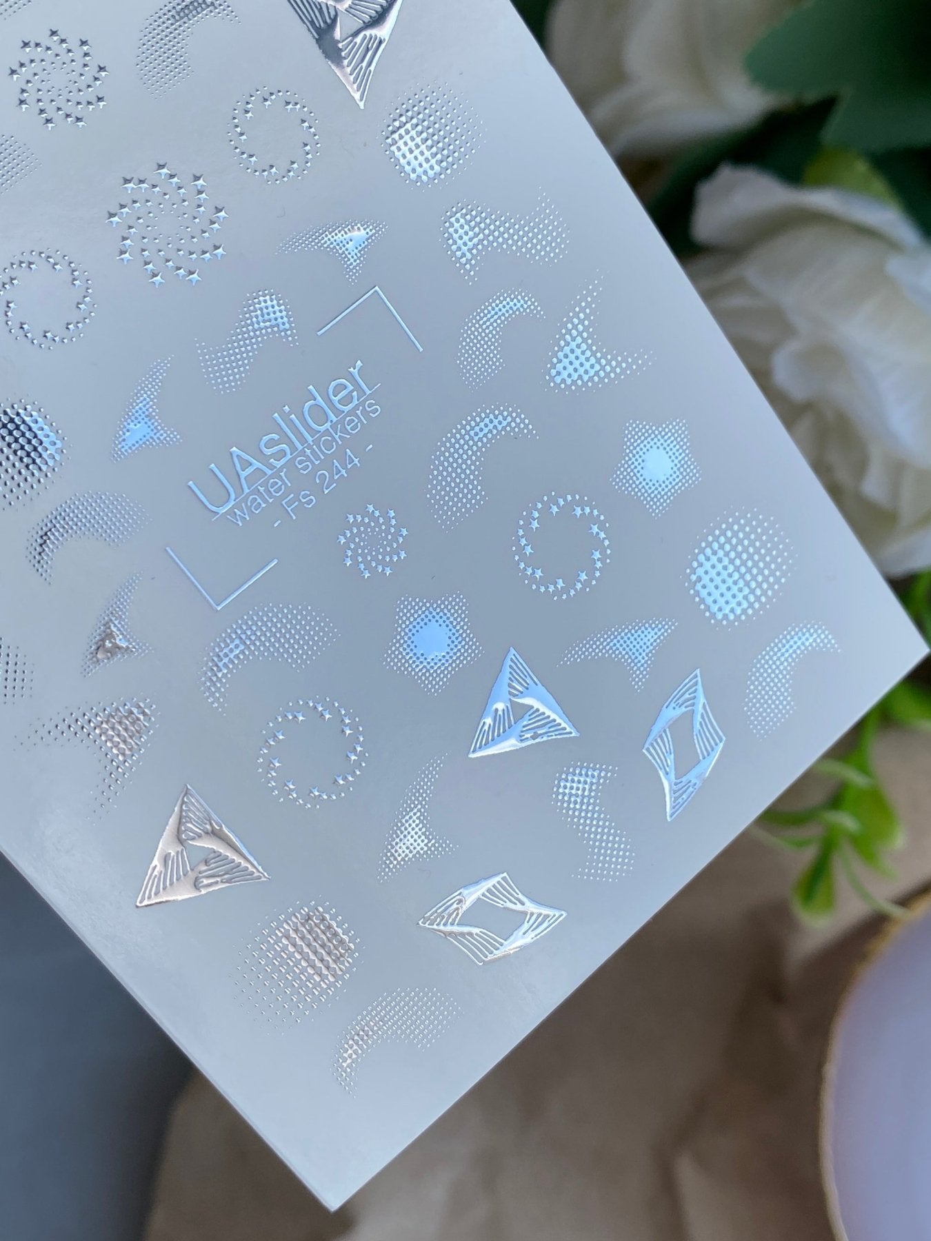 Nail Water Decal Fs-244 | Abstract Water Slide Nail Decals | Silver Foil Geometric & Star Designs - UASLIDER