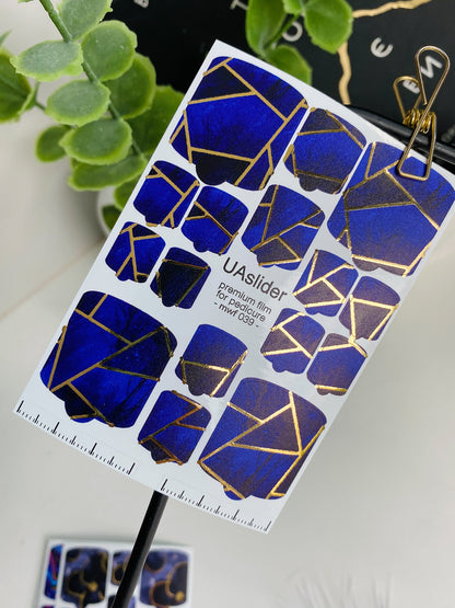 Pedicure nail wrap films mwf-039 | Nail Wrap Films for Pedicure | Deep Blue Geometric Design with Gold Foil