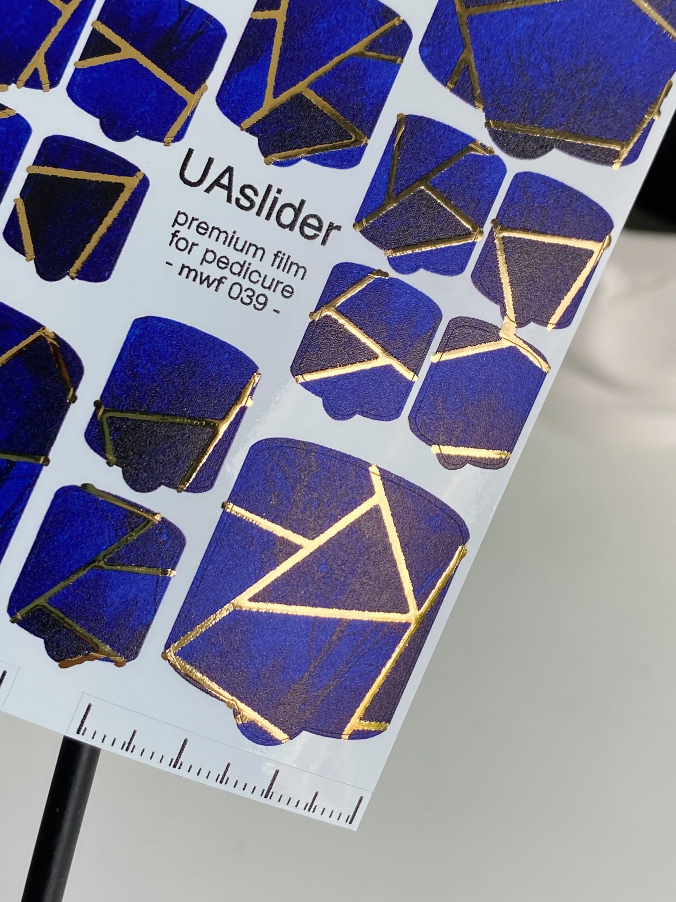 Pedicure nail wrap films mwf-039 | Nail Wrap Films for Pedicure | Deep Blue Geometric Design with Gold Foil