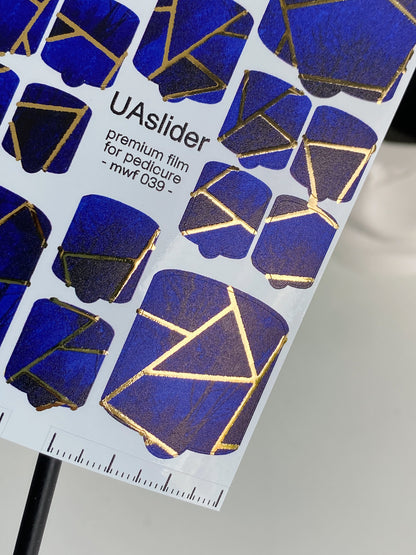 Pedicure nail wrap films mwf-039 | Nail Wrap Films for Pedicure | Deep Blue Geometric Design with Gold Foil