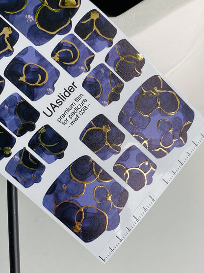 Pedicure nail wrap films mwf-038 | Nail Wrap Films for Pedicure | Midnight Blue Floral Petals with Gold Foil