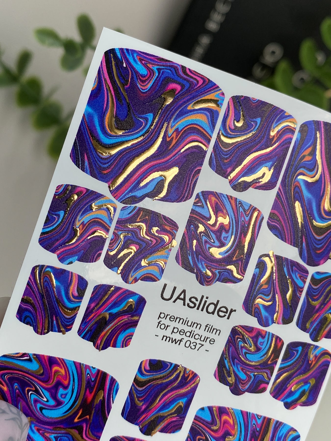 Pedicure nail wrap films mwf-037 | Nail Wrap Films for Pedicure | Psychedelic Marble Swirl with Gold Accents