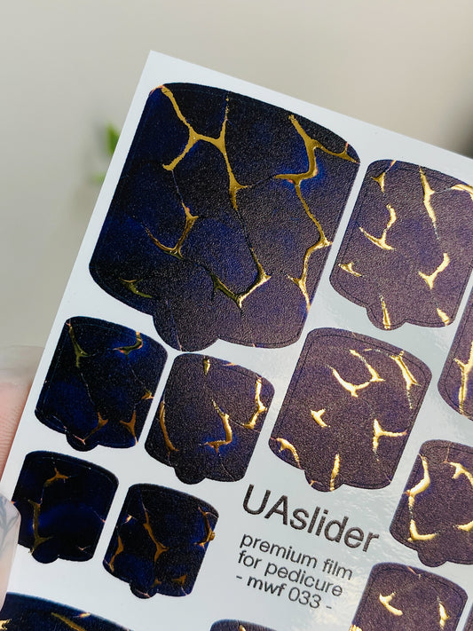 Pedicure nail wrap films mwf-033 | Nail Wrap Films for Pedicure | Deep Navy with Gold Crackle Foil Effect