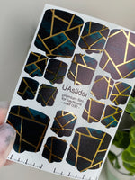 Pedicure nail wrap films mwf-032 | Nail Wrap Films for Pedicure | Black and Emerald Geometric with Gold Foil