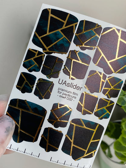 Pedicure nail wrap films mwf-032 | Nail Wrap Films for Pedicure | Black and Emerald Geometric with Gold Foil