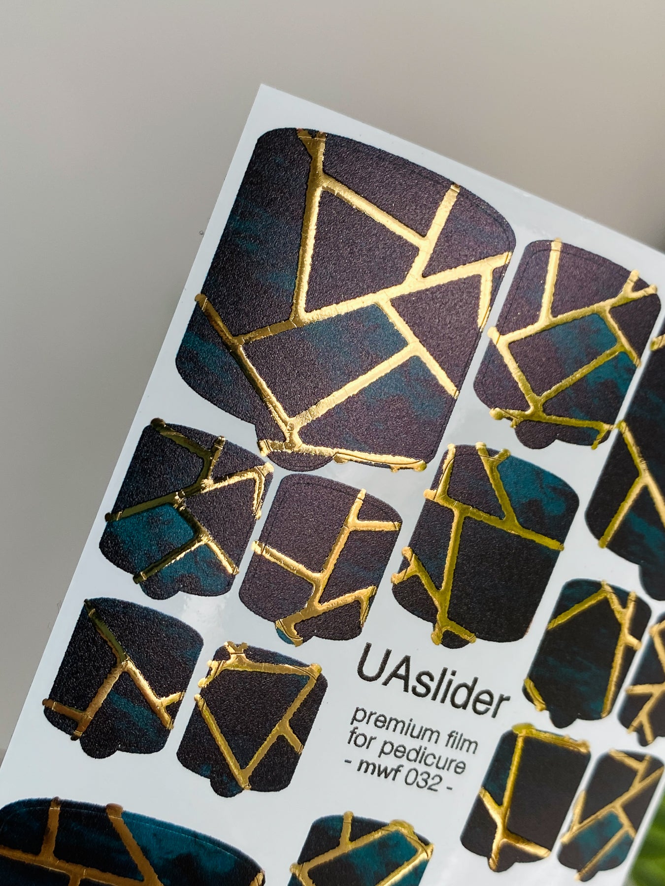 Pedicure nail wrap films mwf-032 | Nail Wrap Films for Pedicure | Black and Emerald Geometric with Gold Foil