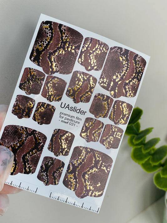 Pedicure nail wrap films mwf-031 | Nail Wrap Films for Pedicure | Brown Snake Print with Gold Foil