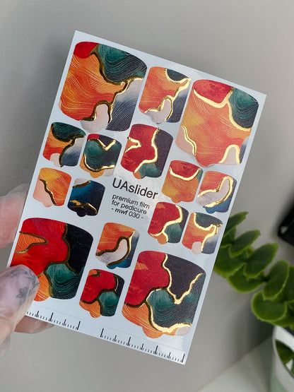 Pedicure nail wrap films mwf-030 | Nail Wrap Films for Pedicure | Abstract Red-Teal Marble with Gold Foil