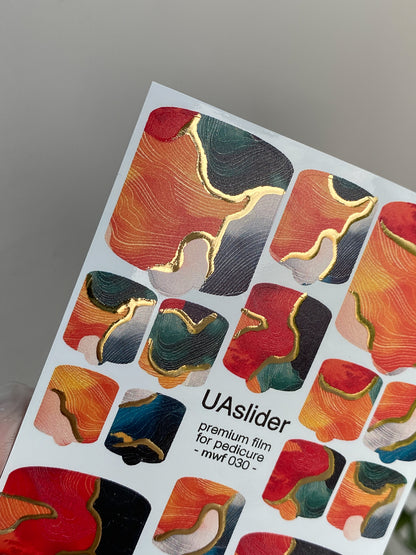 Pedicure nail wrap films mwf-030 | Nail Wrap Films for Pedicure | Abstract Red-Teal Marble with Gold Foil