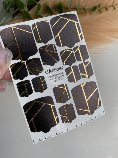 Pedicure nail wrap films mwf-059 | Nail Wrap Films for Pedicure | Black Geometric Design with Gold Foil