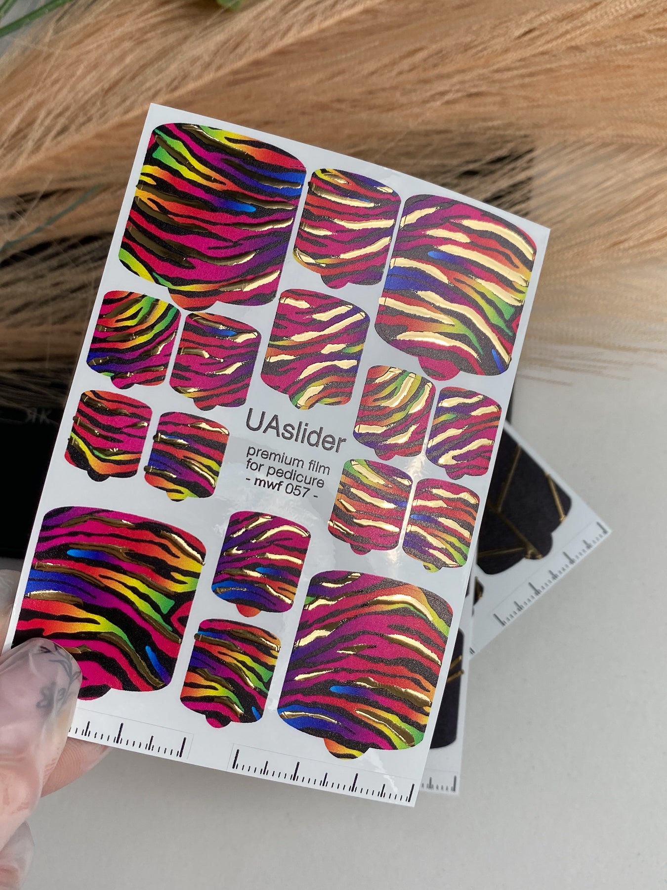 Pedicure nail wrap films mwf-057 | Nail Wrap Films for Pedicure | Neon Zebra Print with Gold Foil