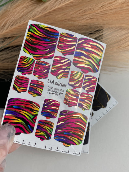 Pedicure nail wrap films mwf-057 | Nail Wrap Films for Pedicure | Neon Zebra Print with Gold Foil