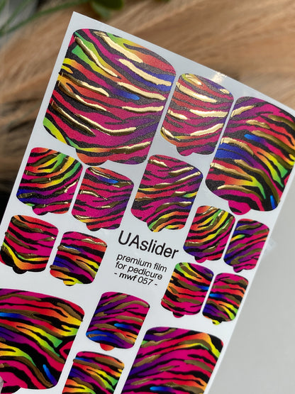 Pedicure nail wrap films mwf-057 | Nail Wrap Films for Pedicure | Neon Zebra Print with Gold Foil
