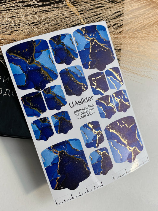 Pedicure nail wrap films mwf-056 | Nail Wrap Films for Pedicure | Blue Marble with Gold Foil