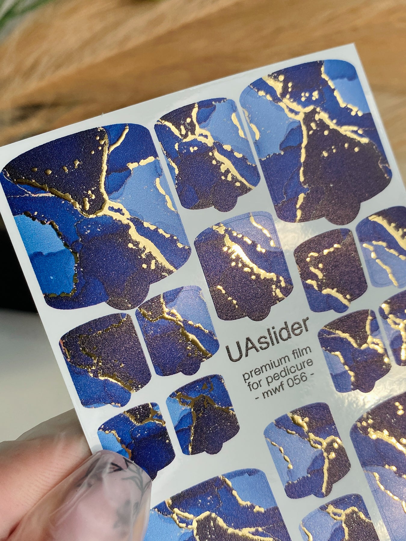 Pedicure nail wrap films mwf-056 | Nail Wrap Films for Pedicure | Blue Marble with Gold Foil