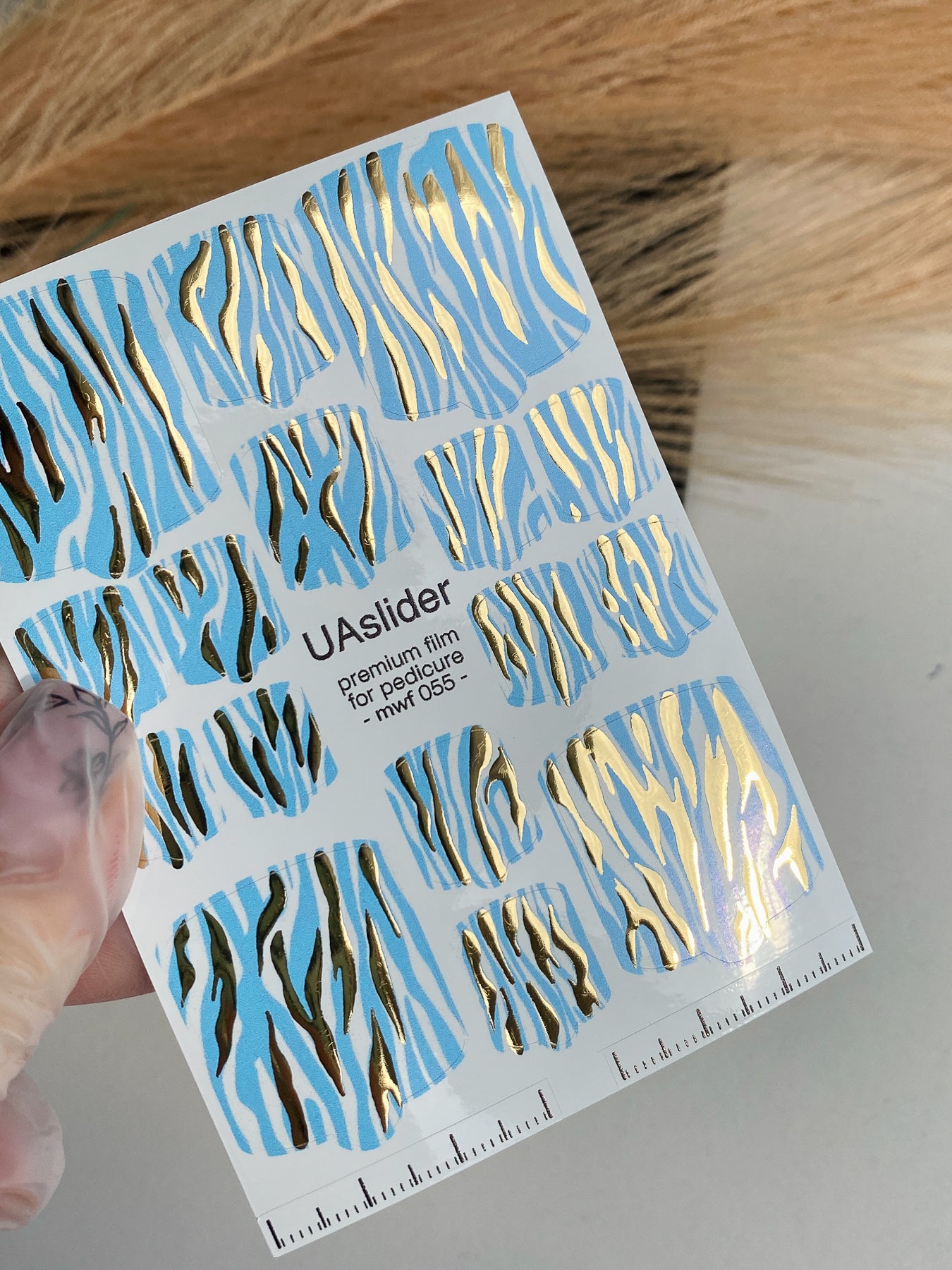 Pedicure nail wrap films mwf-055 | Nail Wrap Films for Pedicure | Light Blue Zebra Print with Gold Foil