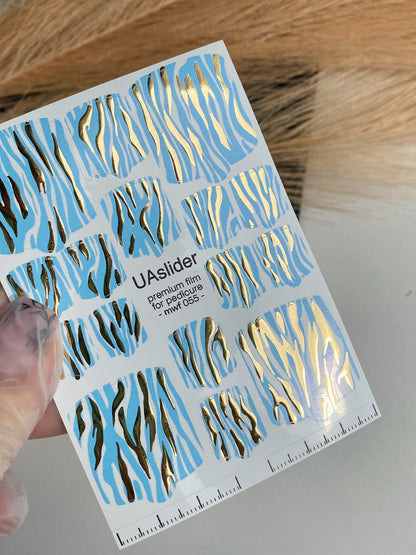 Pedicure nail wrap films mwf-055 | Nail Wrap Films for Pedicure | Light Blue Zebra Print with Gold Foil