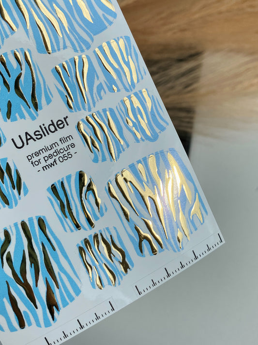 Pedicure nail wrap films mwf-055 | Nail Wrap Films for Pedicure | Light Blue Zebra Print with Gold Foil
