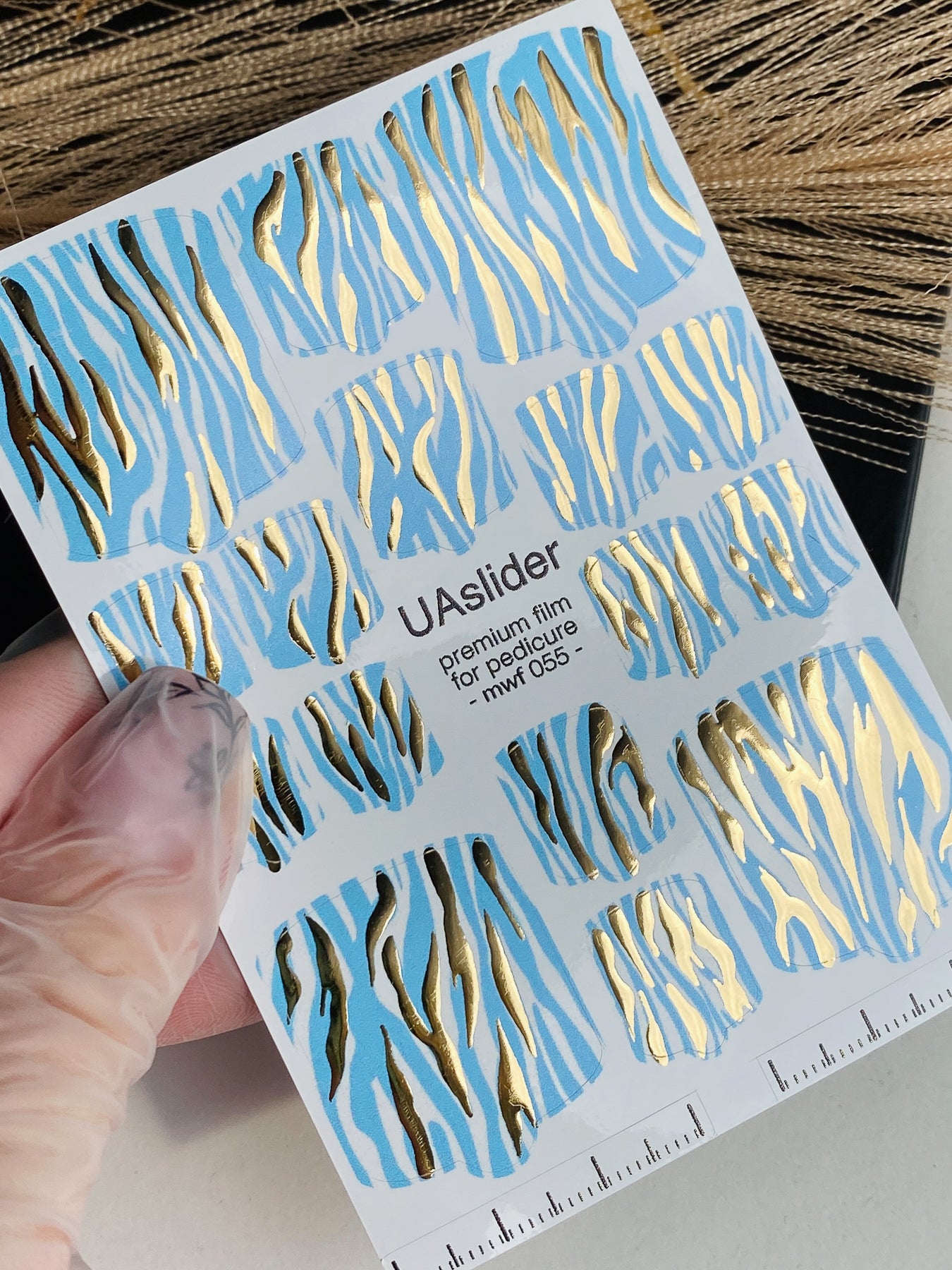 Pedicure nail wrap films mwf-055 | Nail Wrap Films for Pedicure | Light Blue Zebra Print with Gold Foil