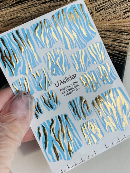 Pedicure nail wrap films mwf-055 | Nail Wrap Films for Pedicure | Light Blue Zebra Print with Gold Foil