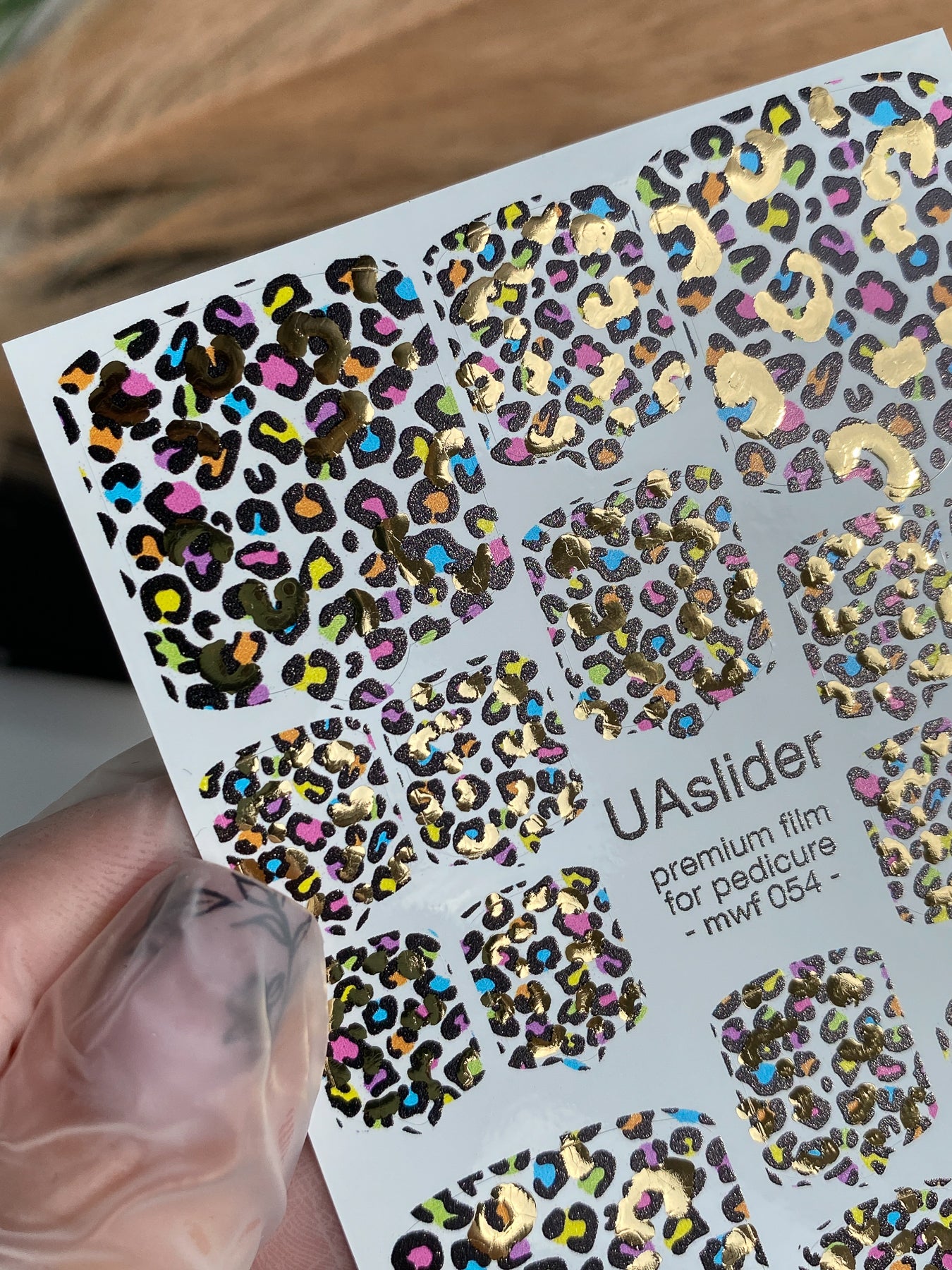 Pedicure nail wrap films mwf-054 | Nail Wrap Films for Pedicure | Colorful Leopard Print with Gold Foil