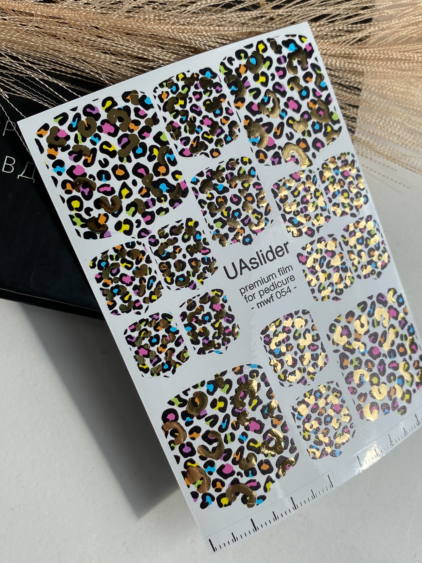 Pedicure nail wrap films mwf-054 | Nail Wrap Films for Pedicure | Colorful Leopard Print with Gold Foil