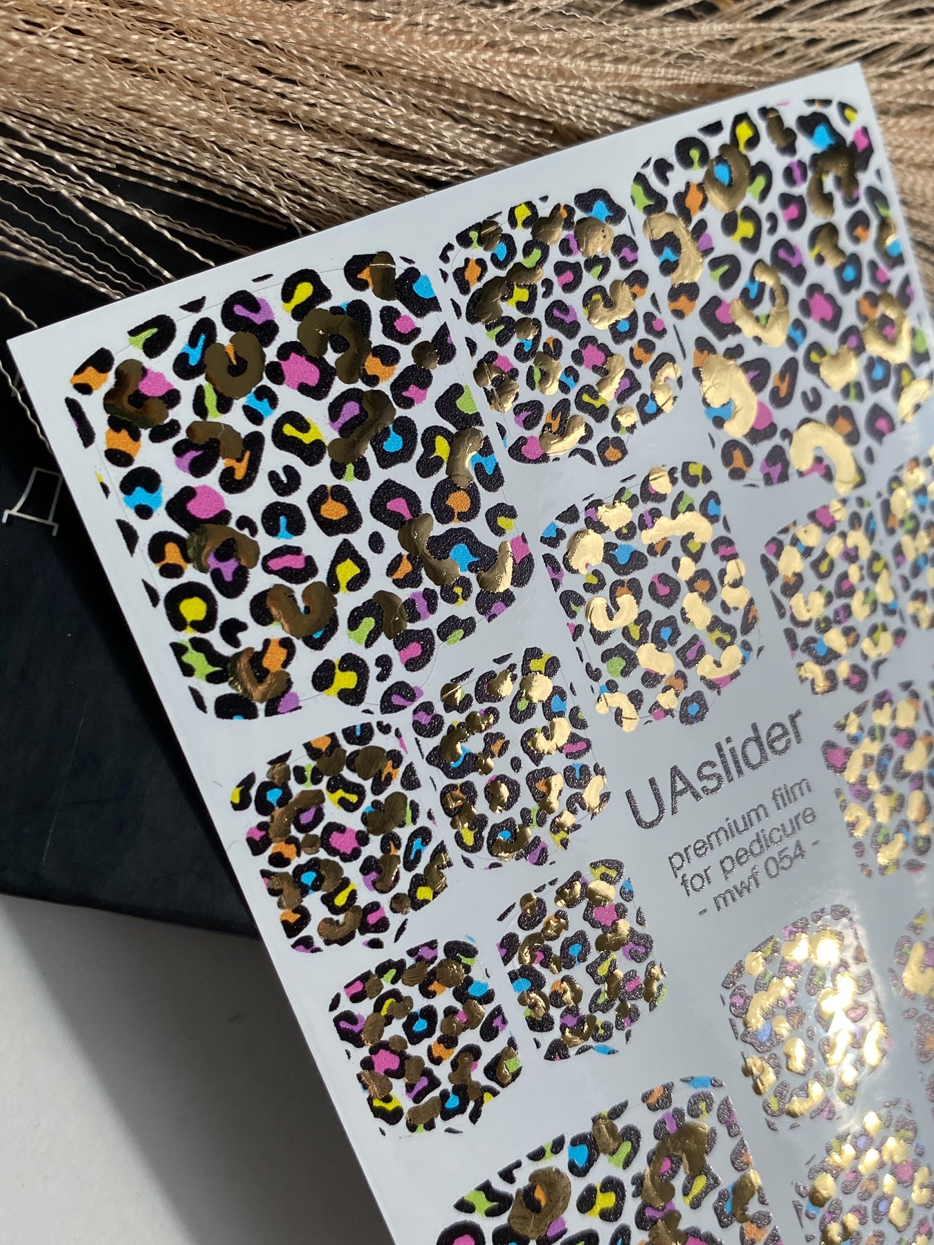 Pedicure nail wrap films mwf-054 | Nail Wrap Films for Pedicure | Colorful Leopard Print with Gold Foil