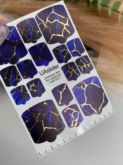 Pedicure nail wrap films mwf-051 | Nail Wrap Films for Pedicure | Deep Blue Marble with Gold Foil