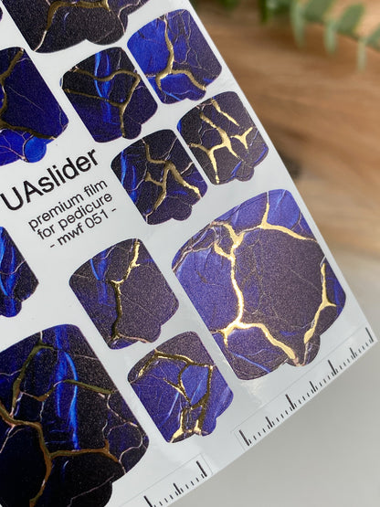 Pedicure nail wrap films mwf-051 | Nail Wrap Films for Pedicure | Deep Blue Marble with Gold Foil