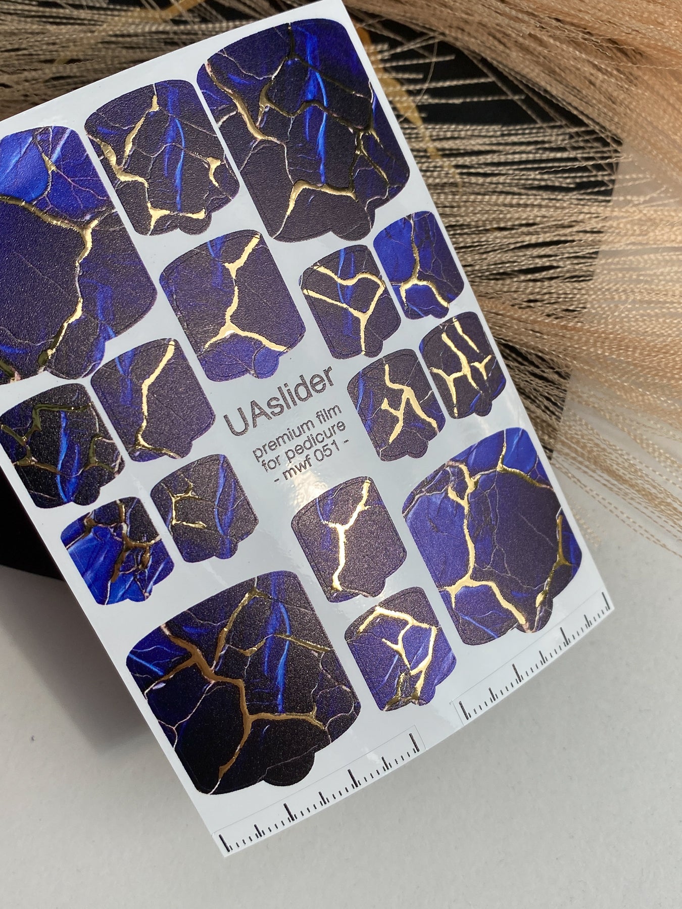 Pedicure nail wrap films mwf-051 | Nail Wrap Films for Pedicure | Deep Blue Marble with Gold Foil