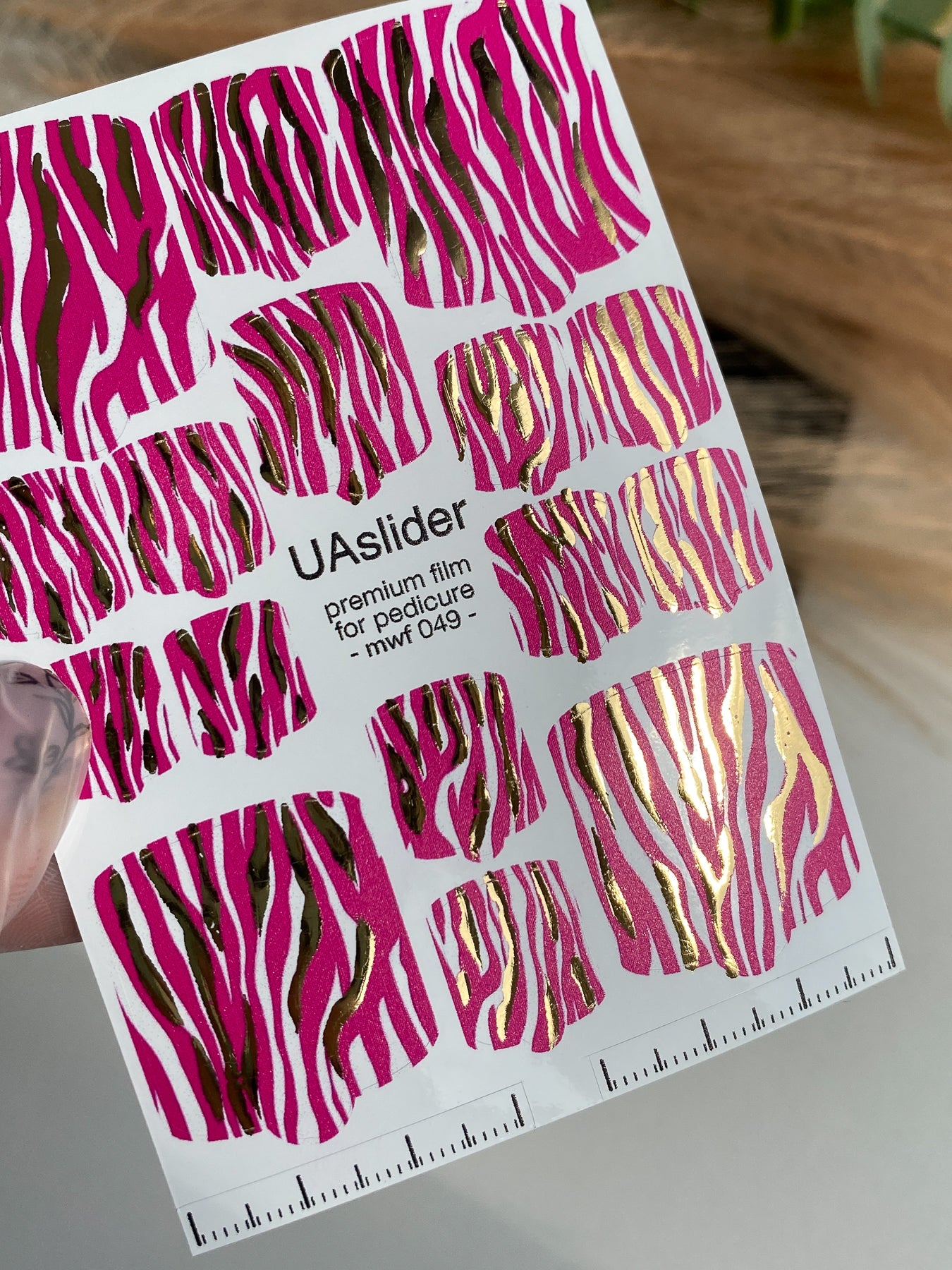 Pedicure nail wrap films mwf-049 | Nail Wrap Films for Pedicure | Hot Pink Zebra Print with Gold Foil