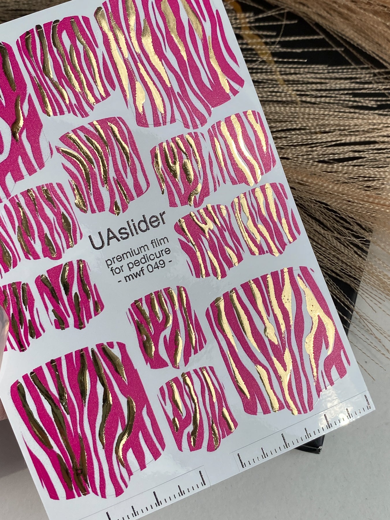 Pedicure nail wrap films mwf-049 | Nail Wrap Films for Pedicure | Hot Pink Zebra Print with Gold Foil