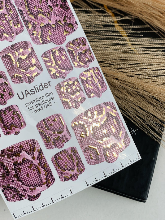Pedicure nail wrap films mwf-048 | Nail Wrap Films for Pedicure | Lilac Snake Skin with Gold Foil